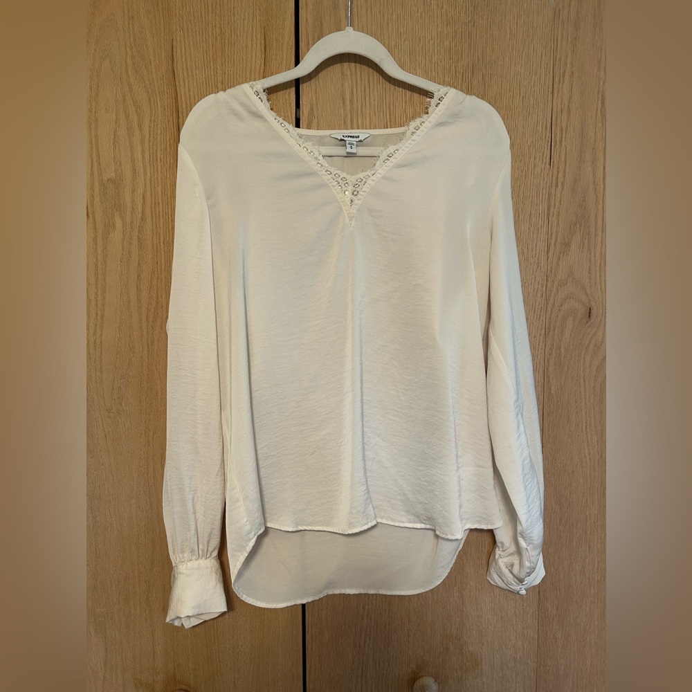 Express Cream Long Sleeve Tie Front Blouse